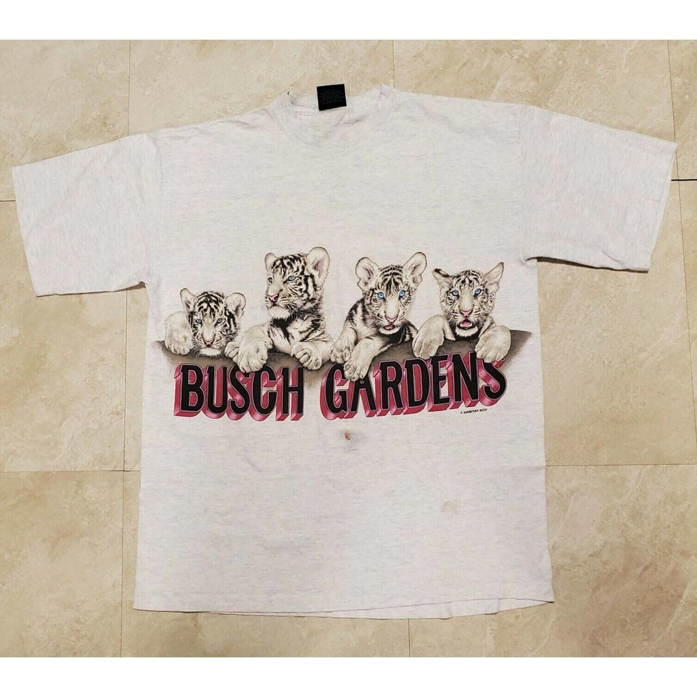 Vtg 90s Busch Garden Tiger Cubsโ Single Stitch Graphic T Shirt All Over Print XL